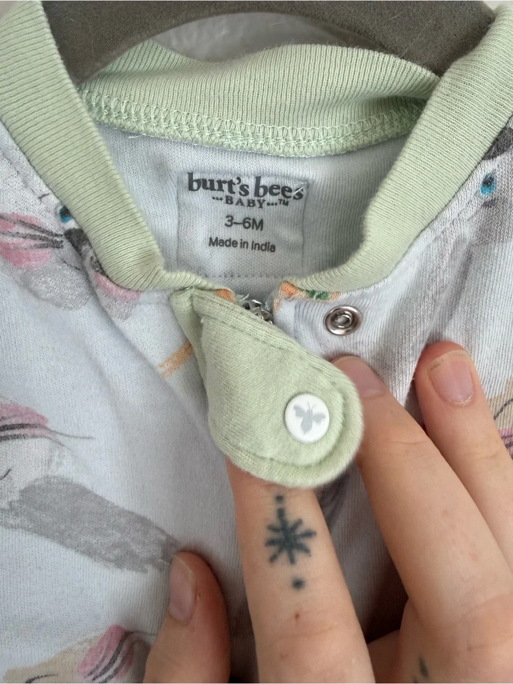 Burt's Bees White Bunny & Carrot Print Footed One-Piece with Pale Green Cuffs